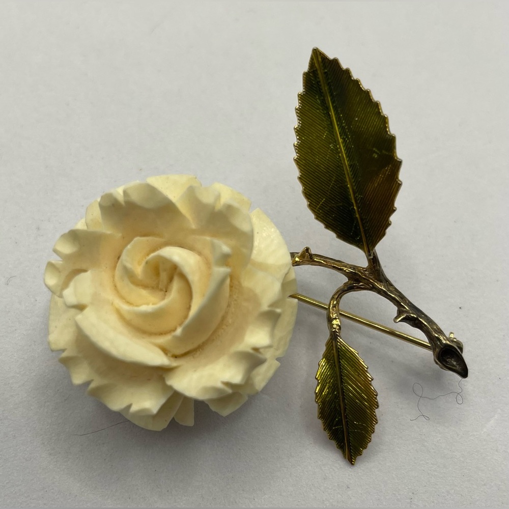 Vintage Signed Beau Sterling Carved Celluloid Rose Brooch Pin 1940s